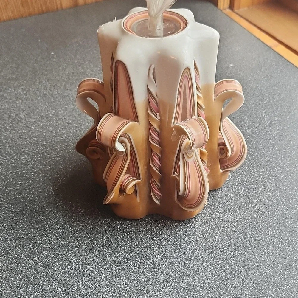 Hand Carved Decorative‎ Swirl Candle White Brown Pink Art Wax Handmade
